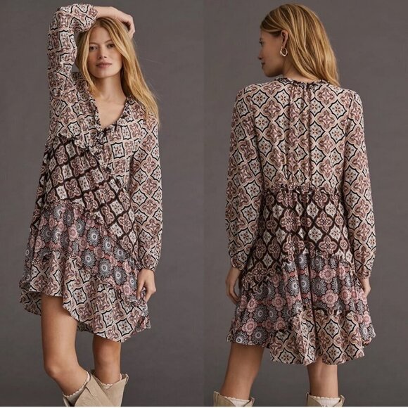Anthropologie Dresses & Skirts - Anthropologie Moroccan Print Long Sleeve Tiered V-Neck Mini Swing Dress Medium